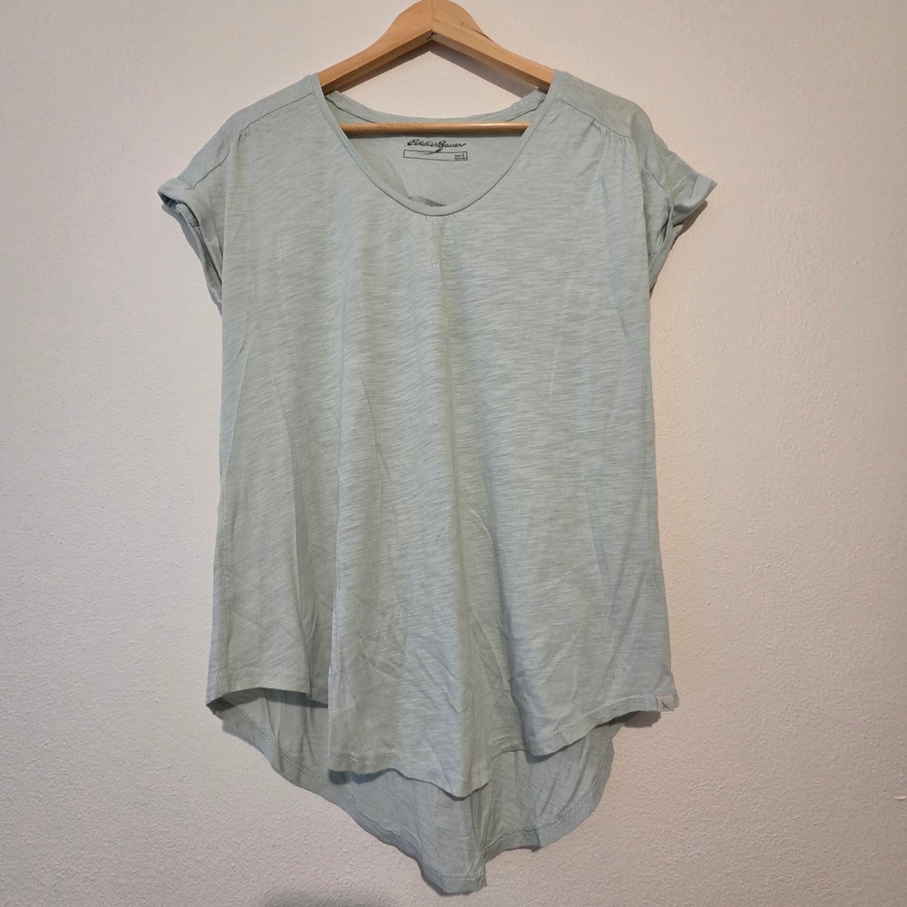 Eddie Bauer Womens V-Neck Slub Knit Tee Mint Green Short Sleeve Cuffed Hem Small